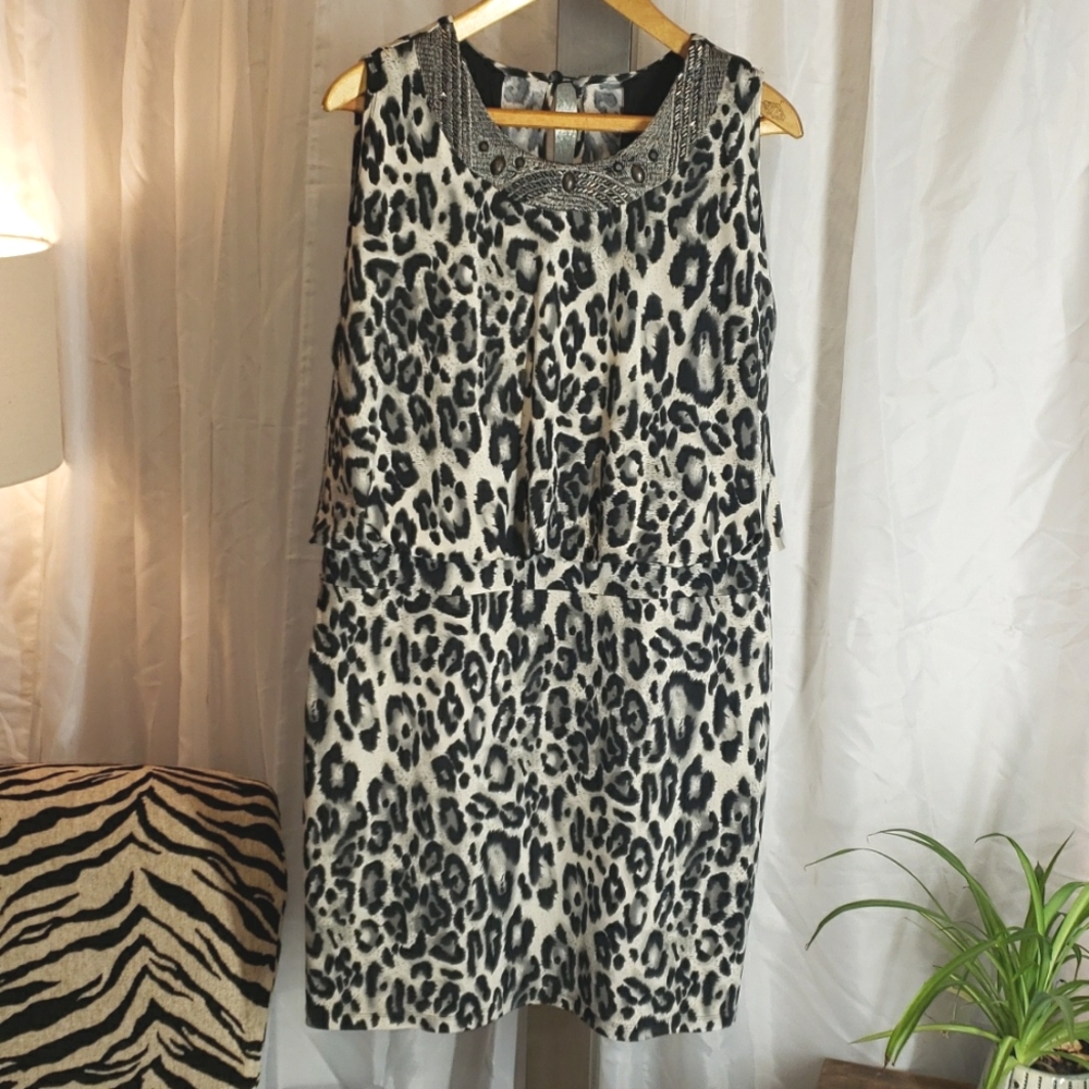 Dress Barn Black and White Leopard Print Beaded Neck Mini Dress